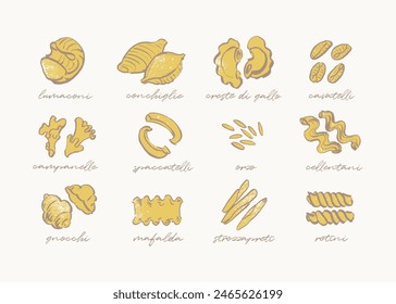 Sketchy drawing of different pasta types, hand drawn pasta guide