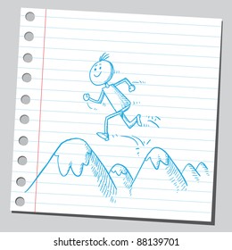Sketchy drawing of a man running over hills