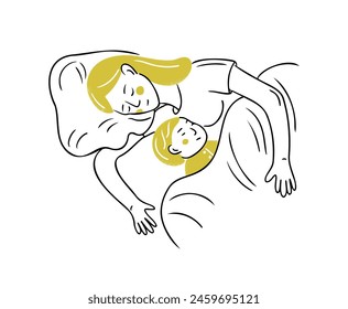 Sketchy drawing of sleeping woman with baby in bed. Outline flat doodle composition isolated on white background. Vector health care and sleeping together concept for logo