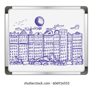 Sketchy fairy tale city on flip chart background. Free hand drawn. Vector illustration.