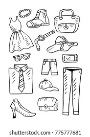 Sketchy of fashion clothes and accessories set for man and woman.