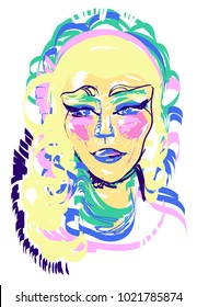 Sketchy fashion vector illustration. 
Portrait of the rock-n-roll, punk, fusion, grunge, folk, circus girl with blonde hair, blue eyes and art make up