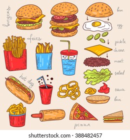 Sketchy fast food illustrations. Vector american food art.