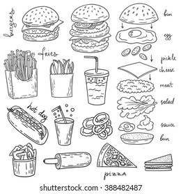 Sketchy fast food illustrations. Vector american food art.