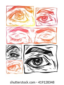 Sketchy female eyes collection set.Sketchy, hand drawn female eyes on white background.Eye icon.Eye drawing.Eye sketch.Isolated on white.Fashion illustration.Gradient and black and white.