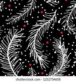 Sketchy fir leaves with holly berries and falling snow on a black background. Seamless repeating vector pattern.