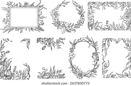 sketchy floral foliage branches decor frames and borders, invitation greeting card design templates, vector illustration
