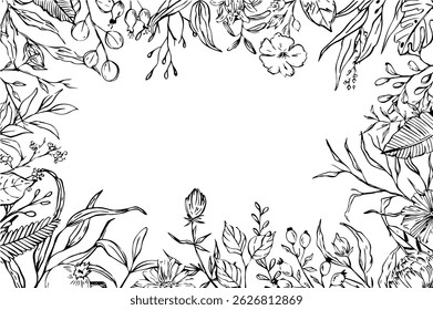 sketchy floral foliage branches frame, invitation greeting card template, vector illustration