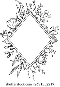 sketchy floral foliage branches frame, invitation greeting card template, vector illustration
