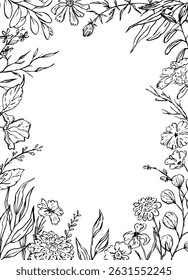 sketchy floral foliage branches frame, invitation greeting card template, vector illustration