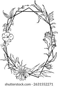 sketchy floral foliage branches frame, invitation greeting card template, vector illustration
