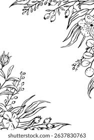 sketchy floral foliage branches frame, invitation greeting card template, vector illustration