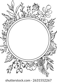 sketchy floral foliage branches round circle frame, invitation greeting card template, vector illustration