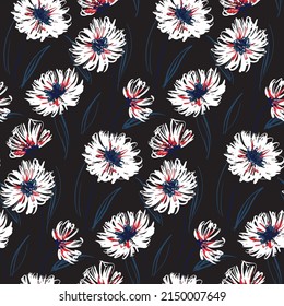 Sketchy floral print with lush white flowers, blue leaf lines on a black field. Seamless pattern, picturesque botanical background with field plants. Vector illustration.