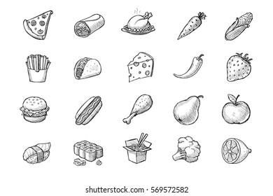 Sketchy Food Icon Collection: Meats, Vegetables, Fruits and Snacks