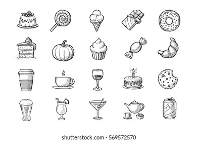 Sketchy Food Icon Collection: Sweets, Desserts and Drinks