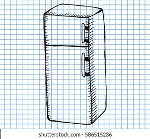 Sketchy fridge on copybook background. Free hand drawn. Vector illustration.