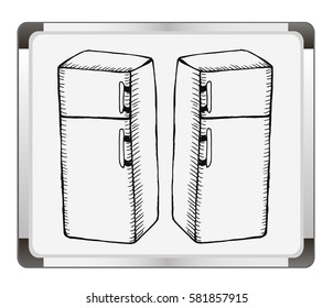 Sketchy fridge on flip chart background. Free hand drawn. Vector illustration.
