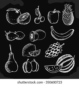 Sketchy fruit set on black background. Vector illustration. Free hand drawn.