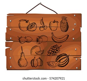 Sketchy fruit set on wooden plank background. Vector illustration. Free hand drawn.
