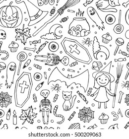 Sketchy fun vector hand drawn doodle cartoon pattern on the Halloween theme. 