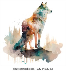 Sketchy, graphical, color portrait of a wolf on a white background with splashes of watercolor.