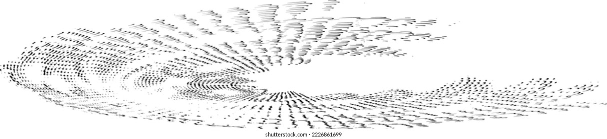 Sketchy halftone swirl. Spiral silhouette of curls, strokes, dashes. Space for copy text. Vector.