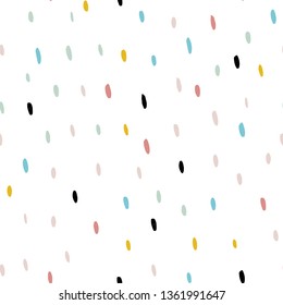 Sketchy Hand Draw Dots Seamless Pattern. Modern blue, pink, yellow graphic print. White background. Vector dotted ornament in pastel colors. Wallpaper, furniture fabric, textile.
