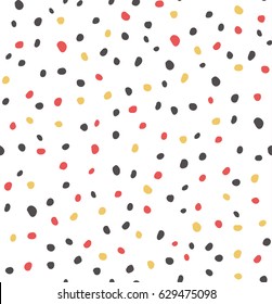 Sketchy Hand Draw Dots Seamless Pattern. Retro red-yellow-grey graphic print. White background. Vector dotted ornament. Wallpaper, furniture fabric, textile.