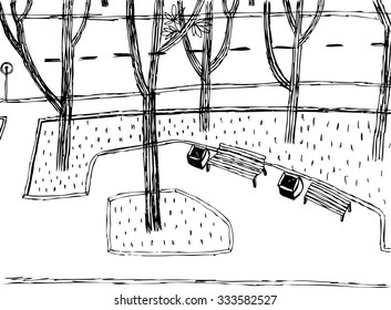 Sketchy hand drawn black and white park alley landscape . Chestnut trees and benches isolated on white. Retro style postcard .