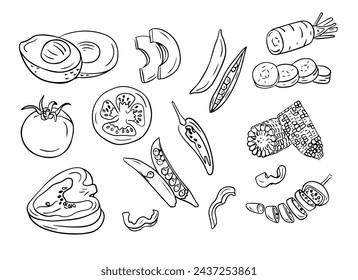 Sketchy hand drawn contour drawings of cut vegetables. Doodle outline vegetables for healthy eating on white background. Ideal for coloring pages, tattoo, pattern