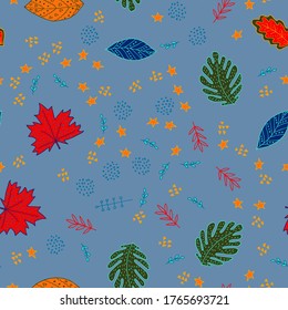 Sketchy hand drawn foliage set with leaves and branches of different shape, isolated illustration. Doodle vector, scandinavian design, seamless pattern. Wallpaper, paper, fabric, textile design.