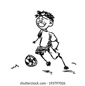 A sketchy hand drawn illustration of a little boy playing football and doing tricks with the ball