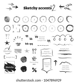 Sketchy hand drawn ink scribble graphic design elements collection - backgrounds, frames, circles, arrows, underlines and various marks. Vector illustration. 