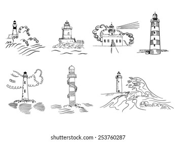 Sketchy hand drawn lighthouses vector set
