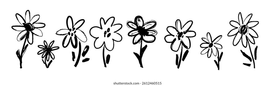 Sketchy hand drawn spring flowers, leafs, plants. Vector ink illustration for wedding invitations, happy birthday card design. Gouache stroke brush petals. 