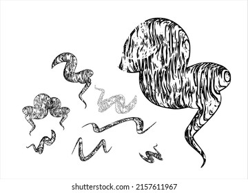 Sketchy hand drawn striped krakozyabry with ponytails and bulges. Jelly and cloud fantasy inhabitants. Vector set.