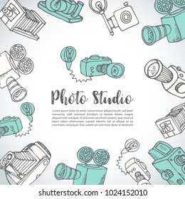 Sketchy Hand drawn vector cinema card. hand drawn doodle cartoon retro photo cameras, vector illustration Photo and video theme