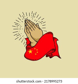 sketchy hand praying china flag concept, element design, illustration vector