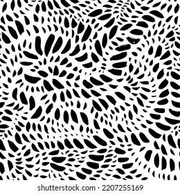 Sketchy hand-drawn blots seamless pattern. Black vector dots texture background. Blots in wave shapes. Organic maze lines pattern. Monochrome wavy ornament. Brush drawn black strokes, small points. 