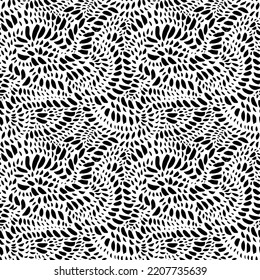 Sketchy hand-drawn blots seamless pattern. Black vector dots texture background. Blots in wave shapes. Organic maze lines pattern. Monochrome wavy ornament. Brush drawn black strokes, small points. 