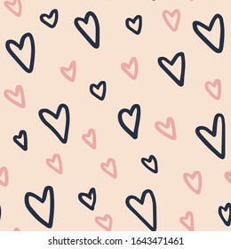 Sketchy hand-drawn hearts vector seamless pattern different sizes on pink background - for wallpaper, paper, fabric, textile design