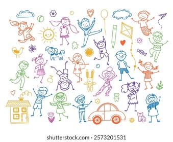 Sketchy happy kids. Cute doodle children playing and having fun, childhood emotions concept, funny boys and girls scribble pencil drawing. Vector isolated set.