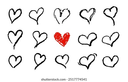 Ilustración vectorial de conjunto de estilo de tiza de corazones incompletos. Colección de símbolos de amor. Corazones negros y rojos Formas siluetas en estilo marcador o trazo de pintura. Crayón o lápiz de cera dibujando doodle Elementos