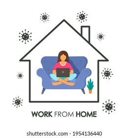 Sketchy house inside the girl sits on the couch and works at a laptop online with the inscription Work from home. concept of quarantine during covid 19 and self-employment. online business. vector 