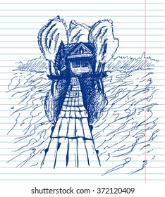 Sketchy house on copybook background. Freehand drawn. Vector illustration.