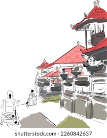 sketchy illustration of bali road with bikers near the temple in doodle style