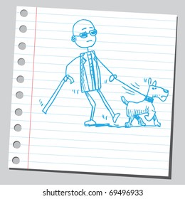 Sketchy Illustration Of A Blind Man Walking With Dog