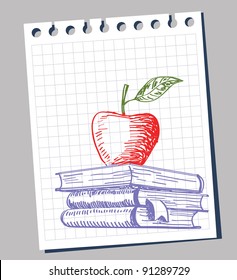 Sketchy illustration of books with apple