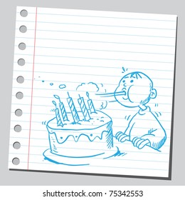 Sketchy illustration of a boy blowing a candles